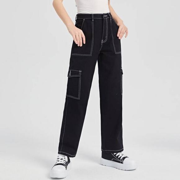 Shein Black Jeans Cargo Pants Jeans High Rise 90s Fit Mom Jeans Medium 28" - Picture 1 of 9